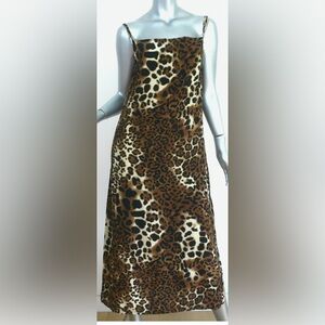 Nightcap Midi Slip dress Silk w/ Leg Slit Leopard Pattern black & brown  size XS